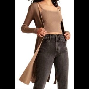Long Taupe Cardigan & Ribbed Cropped Tank Set - Taupe